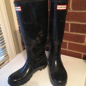 Hunter knee high black satin rain boots